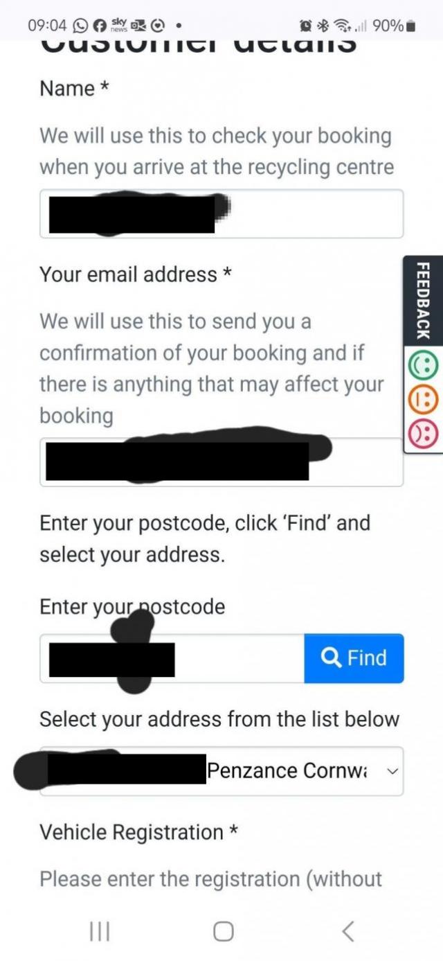 Someone's else's details showing on the online recycling centre booking form (Image: Becky Hold / Cornwall Council)