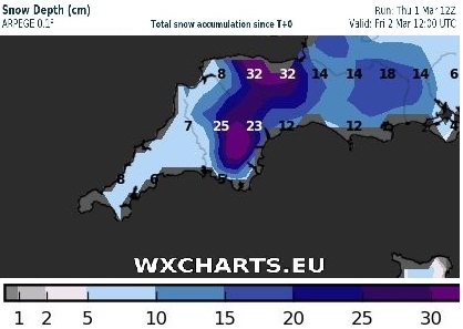 Snow depths by 6am Fri 2nd March from the Arpege @meteofrance @wxcharts Big variation across #Wales. Most of the snow in the east and southeast, especially high ground. Much less in parts of the west & #Swansea because of the wind direction. E-NE with shelter from the hills/mountains. Snow depths by 6am Fri 2nd March from the Arpege @meteofrance @wxcharts Big variation across #Wales. Most of the snow in the east and southeast, especially high ground. Much less in parts of the west & #Swansea because of the wind direction. E-NE with shelter from the hills/mountains.